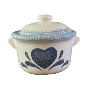 Vintage Spongeware, Cottagecore Blue Heart Lidded Jar, Sugar, Kitchenware, 4 1/4